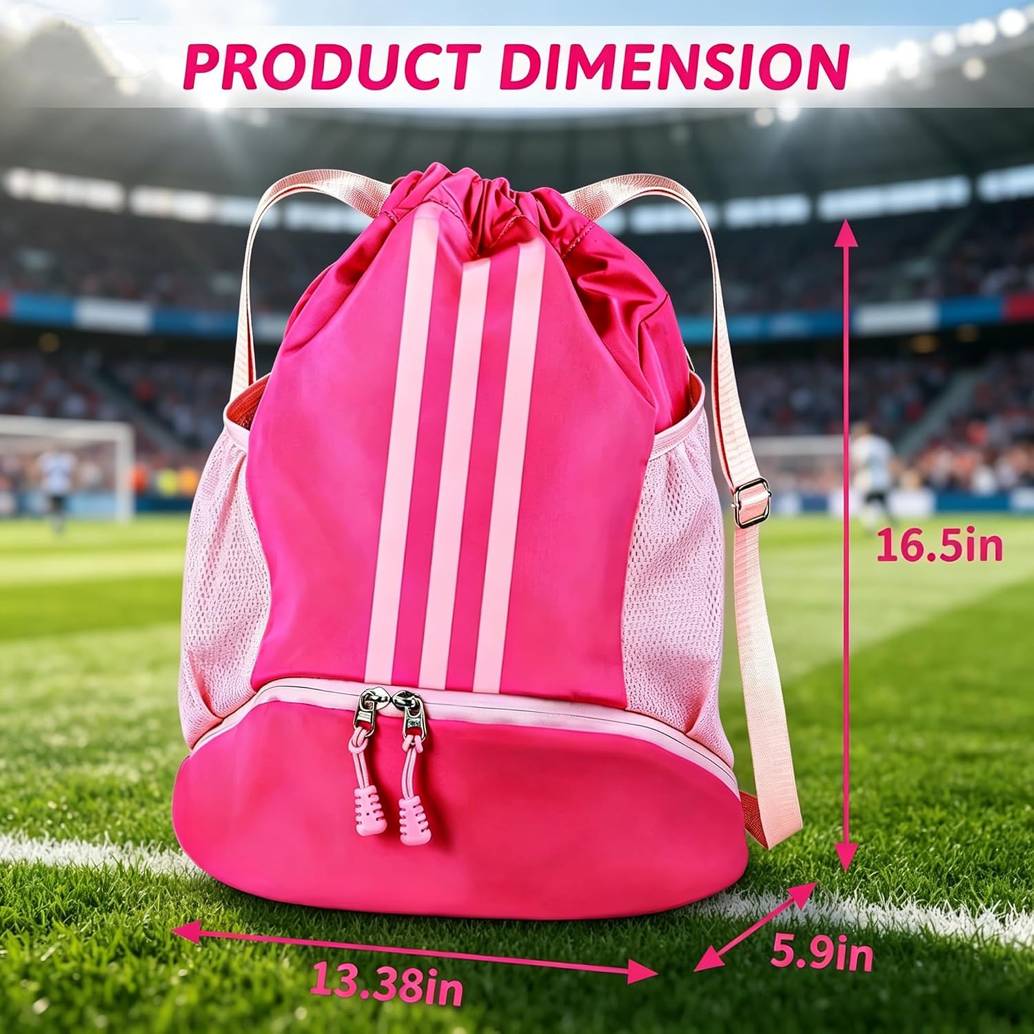 Soccer Bag, Youth Drawstring Backpack for Volleyball Basketball Sports | with 1 Shoes Compartment 1 Wet&Dry Pocket 2 Side Mesh Pockets 2 Zipper Pockets Bag for Gym Training Swimming Back to School - Image 7