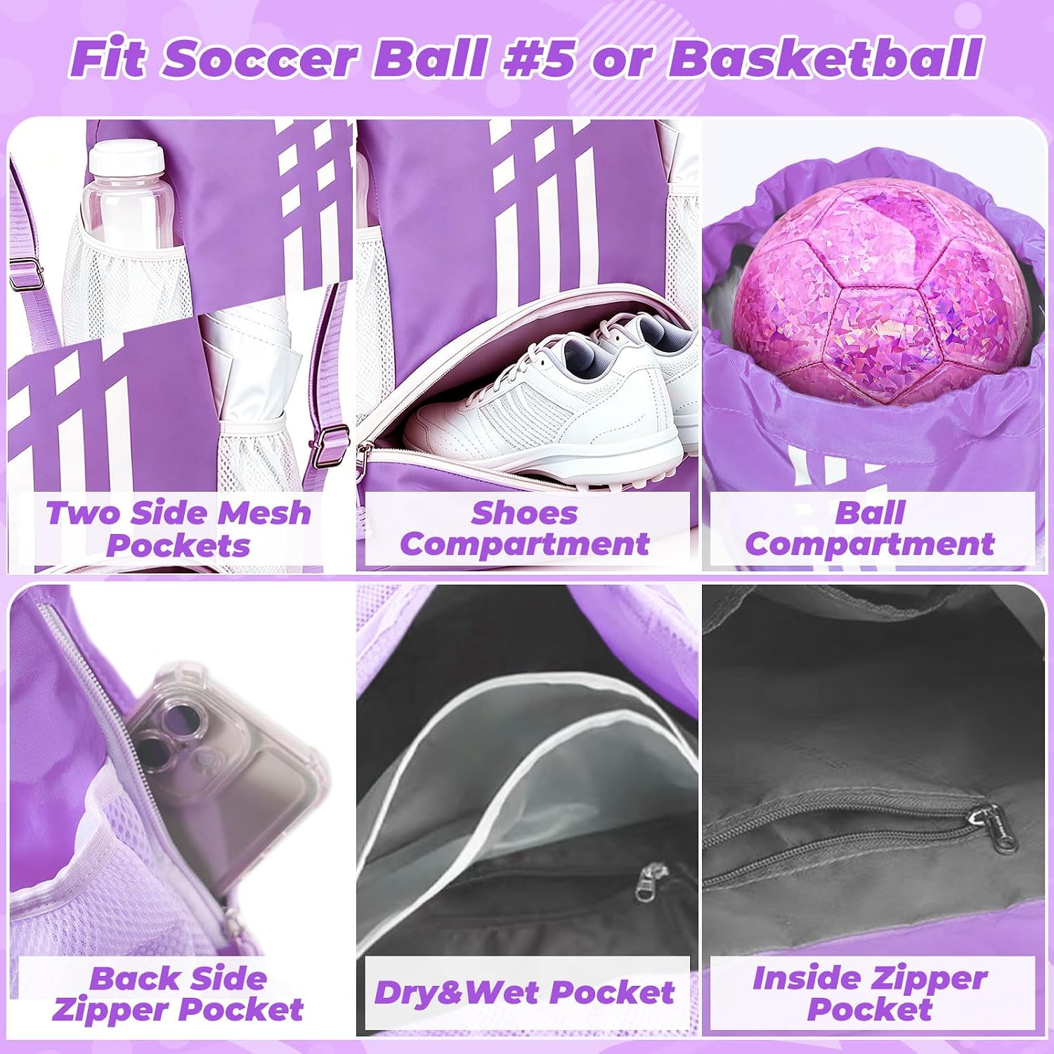 Soccer Bag, Youth Drawstring Backpack for Volleyball Basketball Sports | with 1 Shoes Compartment 1 Wet&Dry Pocket 2 Side Mesh Pockets 2 Zipper Pockets Bag for Gym Training Swimming Back to School - Image 5