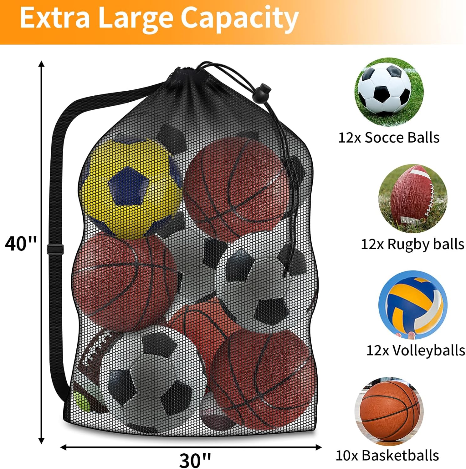 Extra Large Mesh Ball Bag, Heavy Duty 40"x30" Hold 10-12 Soccer Basketball | Drawstring & Adjustable Shoulder Strap, Breathable Sports Equipment Sack for Coaches, Team, Swimming Gear, Volleyball - Image 2