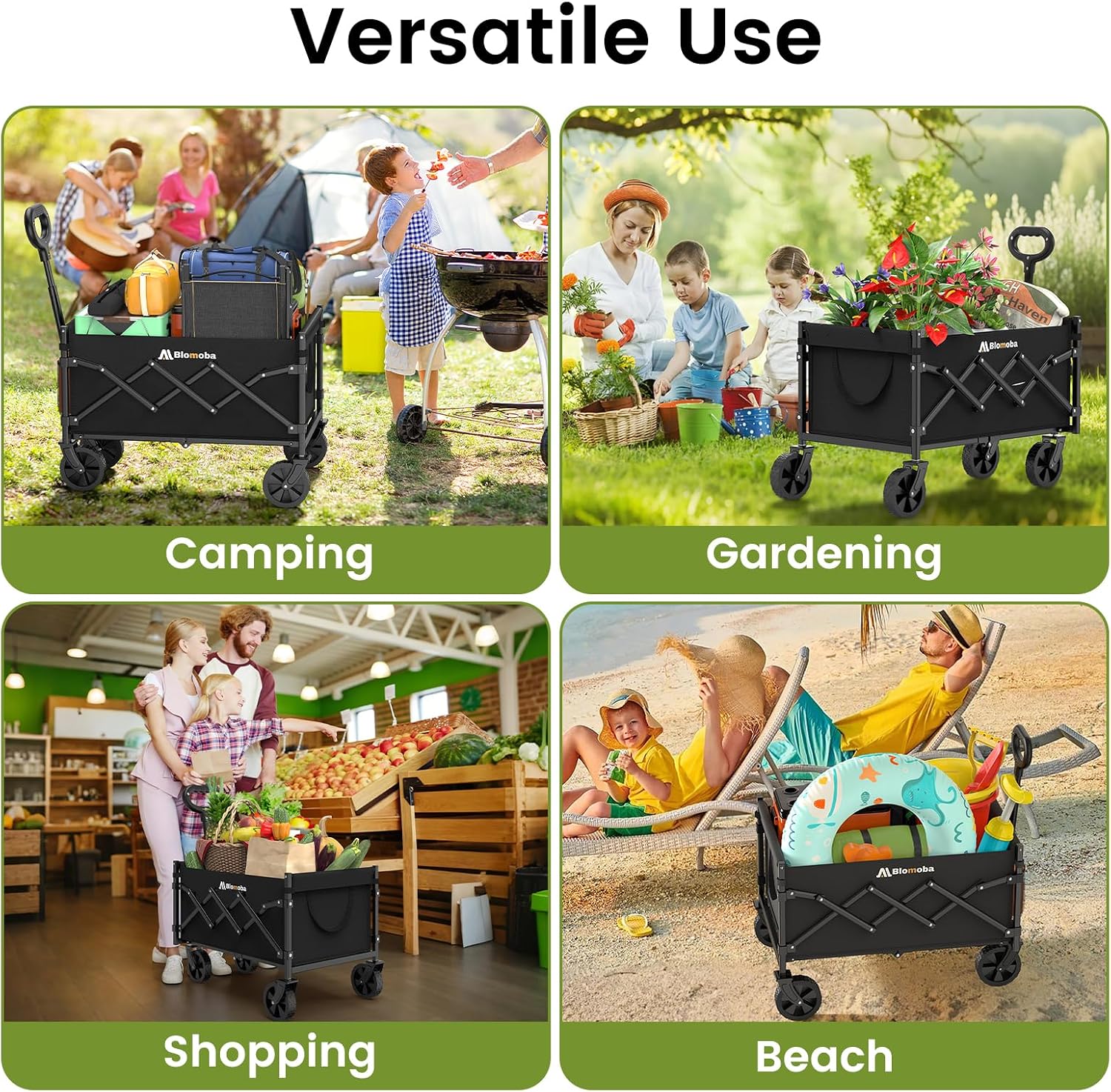 Blomoba Folding Wagon Cart with Wheels, 220lbs Utility Wagon Cart, Black | Collapsible Wagon with 360° All-Terrain Wheels & Adjustable Handle, Foldable Cart for Groceries Camping Sports Gardening - Image 9