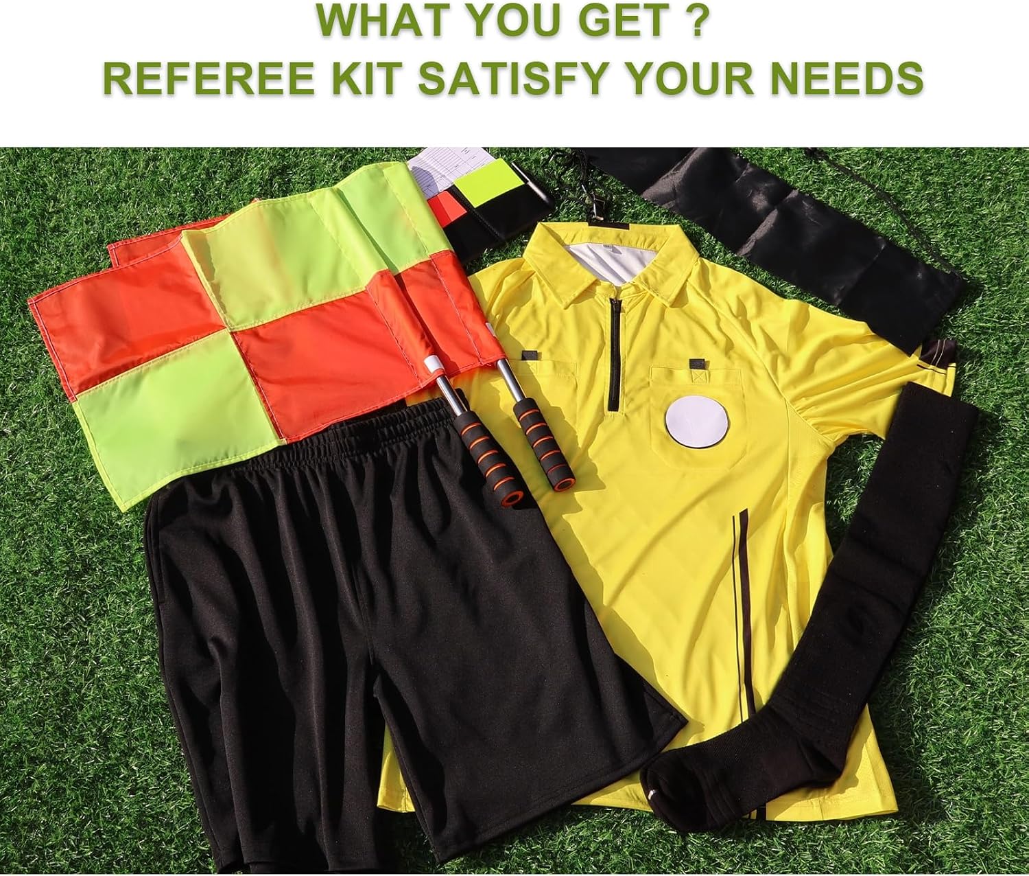 redgino Soccer Referee Kit Pro Soccer Referee Shirt Jersey,Ref Costume Shorts,Coach Whistle,Referee Socks, Linesman Flags and Cards Umpire Uniform Sport Accessory for Adult Teenager - Image 3