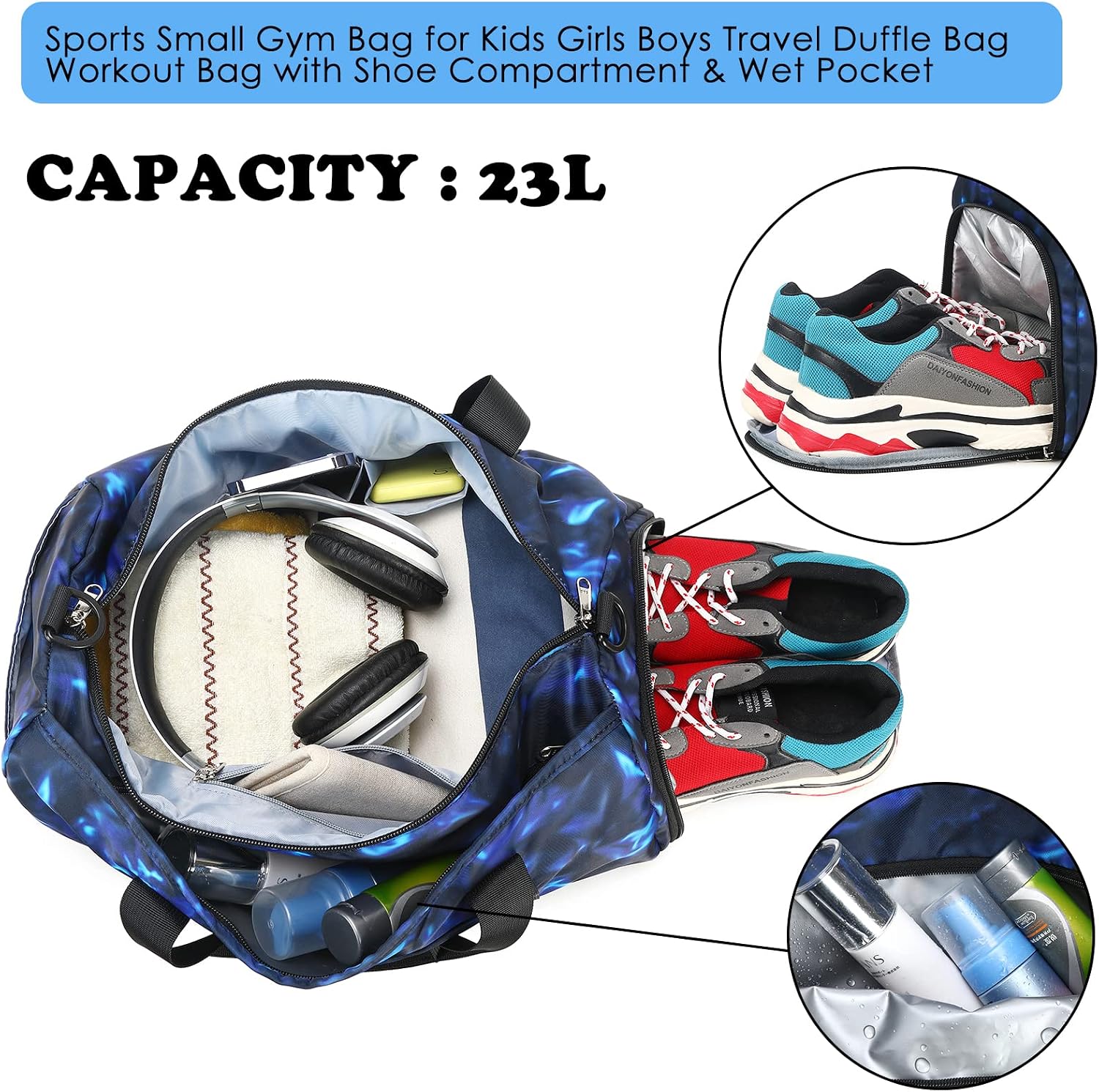 Kids Duffle Bag Boys Girls Overnight Travel Sport Gym Bag Weekender Carry On Shoulder Bag with Shoe Compartment & Wet Pocket (Soccer Black Blue) - Image 3