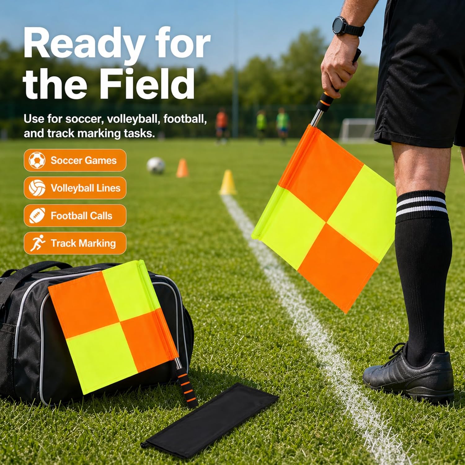 Soccer Referee Flags 2 Pack, 18 in Linesman Flags with Storage Bag | 2 soccer referee linesman flags with 18 in handles, orange yellow panels, ABS foam grips and storage bag - Image 4