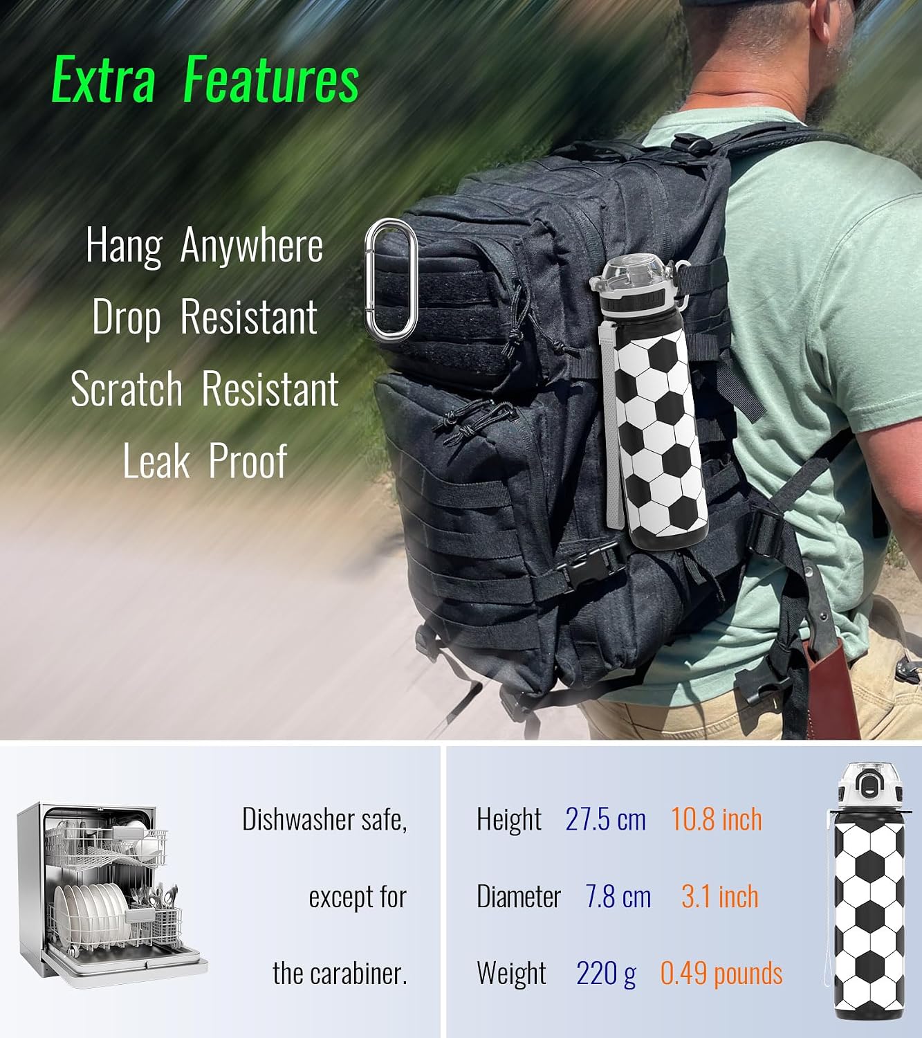 MYFOREST Soccer Water Bottle, Lightweight, Quick-Open Chug Lid/Straw | 360° Leak-Proof, Drop/Scratch Resistant for Sports/Travel/Gym/Office, Unique Fan Gift, 32oz/1L Daily Hydration - Image 8