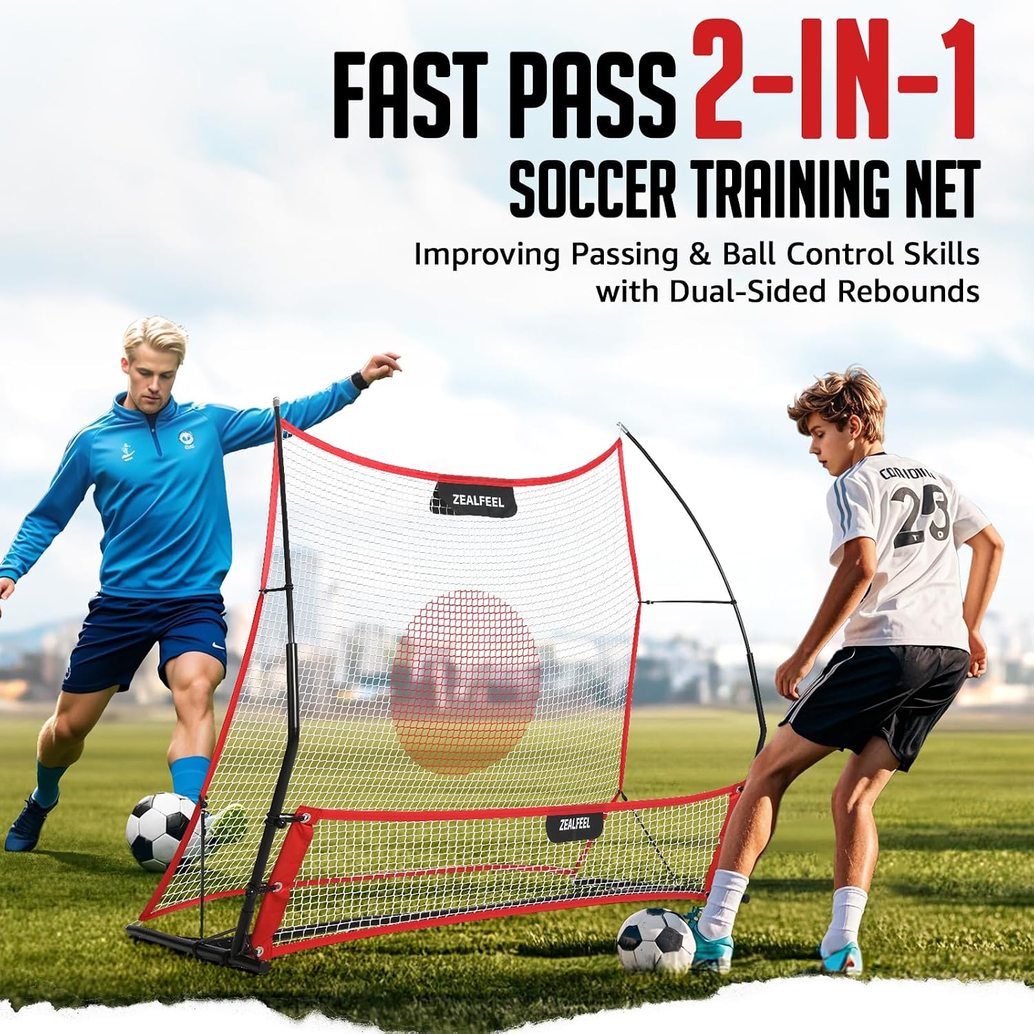 ZEALFEEL 2-in-1 Soccer Rebounder, 6'x4.7' & 6'x16 Training Net | Soccer Bounce Back Net for Volley, Passing and Solo Training with Carry Bag and Cones, Ideal Football Trainer for Teams - Image 2