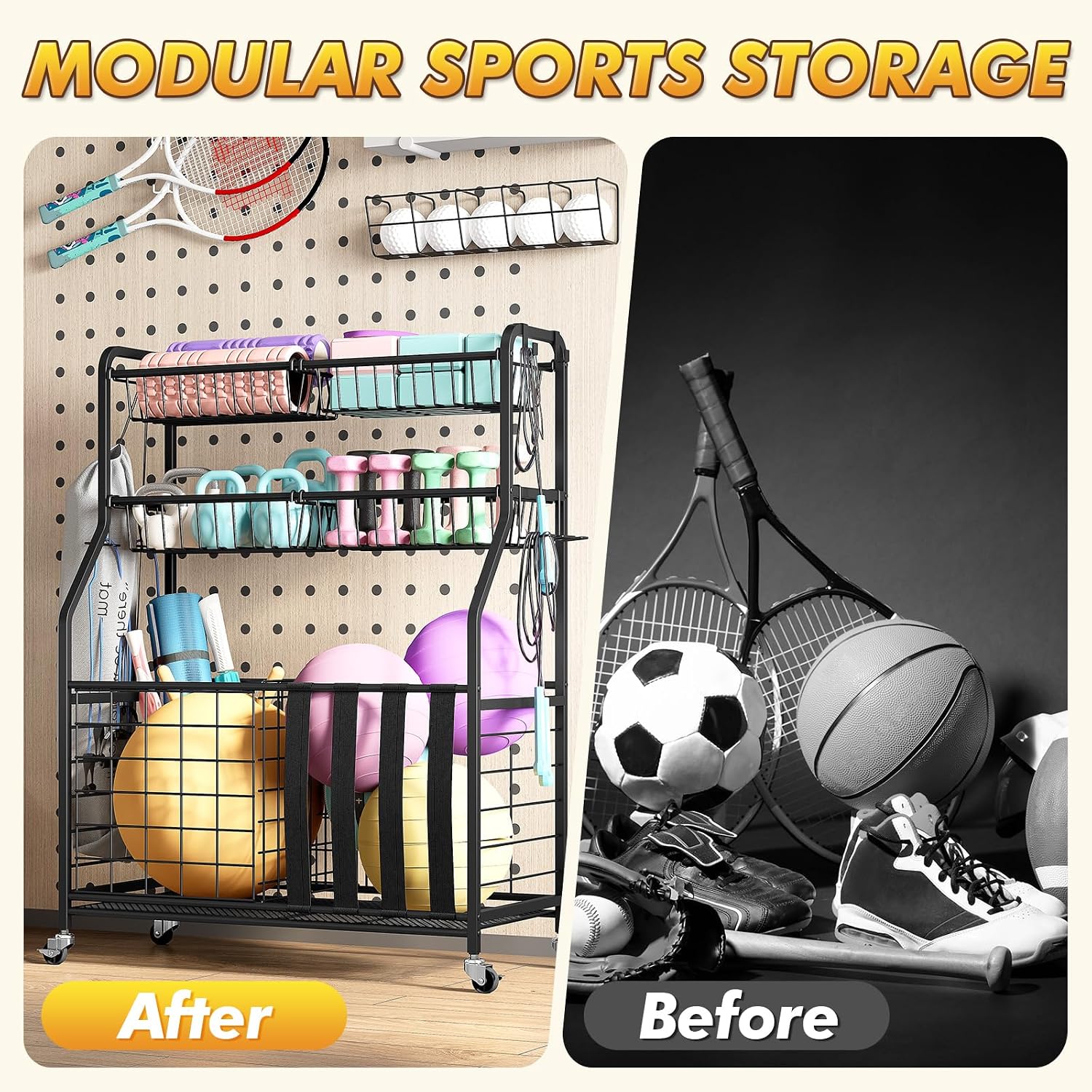 Sports Equipment Organizer, Rolling Garage Ball Storage Rack | Heavy-Duty Steel, Rolling Wheels, Storage Baskets, Side Hooks, Ball Storage, Sports Gear, Toys, Garage, Home Gym - Image 4