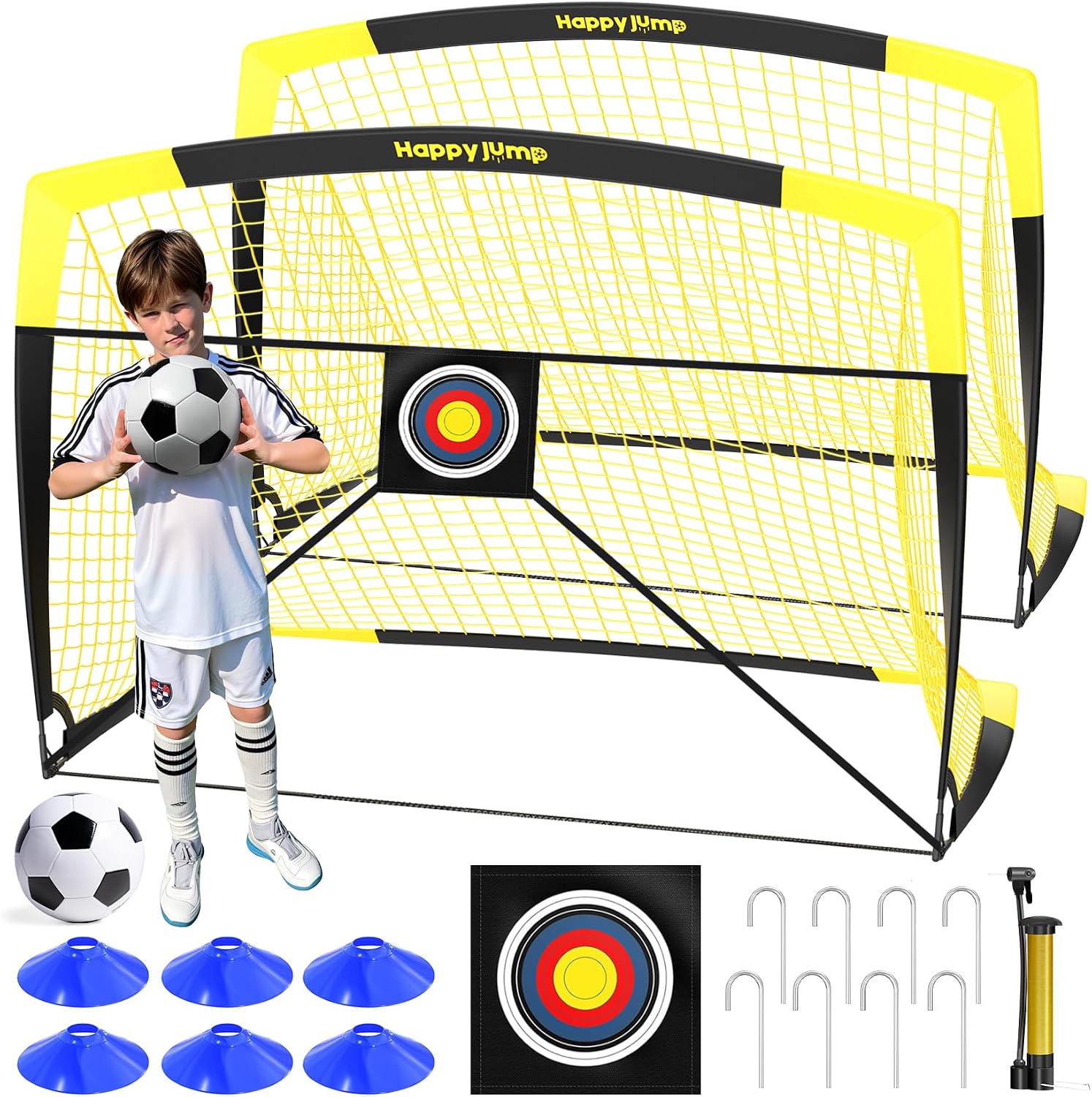 Happy Jump Portable Soccer Goal 7x5 & 5x3.6 FT, Large-Frame Training Net | Great for Kids Ages 6-14 Skill Development, Ideal for Backyard Park School Beach Indoor Outdoor, Easy Fold Durable Dacron Net