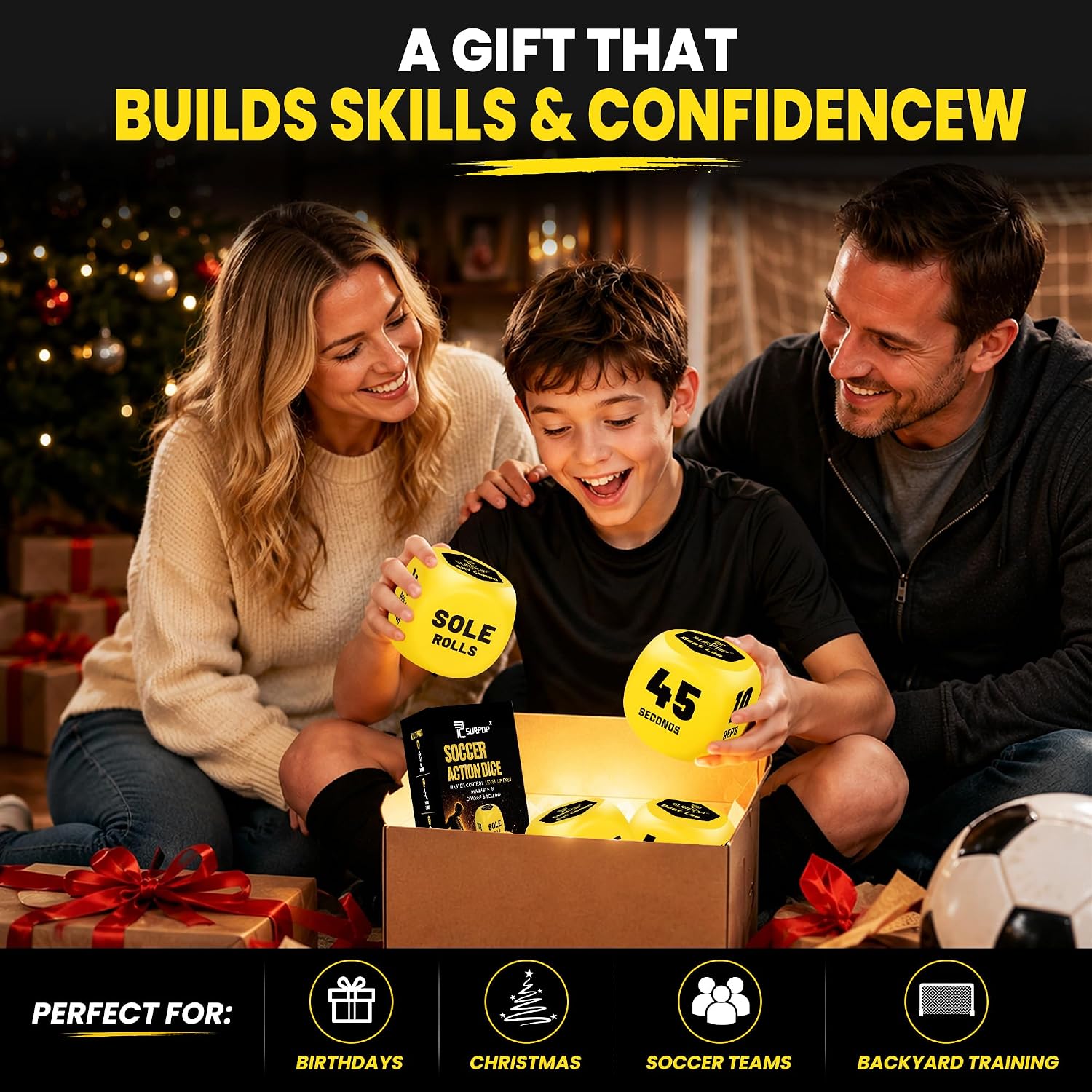 Surpop Soccer Training Dice for Kids 8-12, 2-Dice Ball Control Game, Yellow | Two soft 3-inch foam dice create 36 ball-control and footwork challenges for indoor or outdoor practice; mesh bag included - Image 7