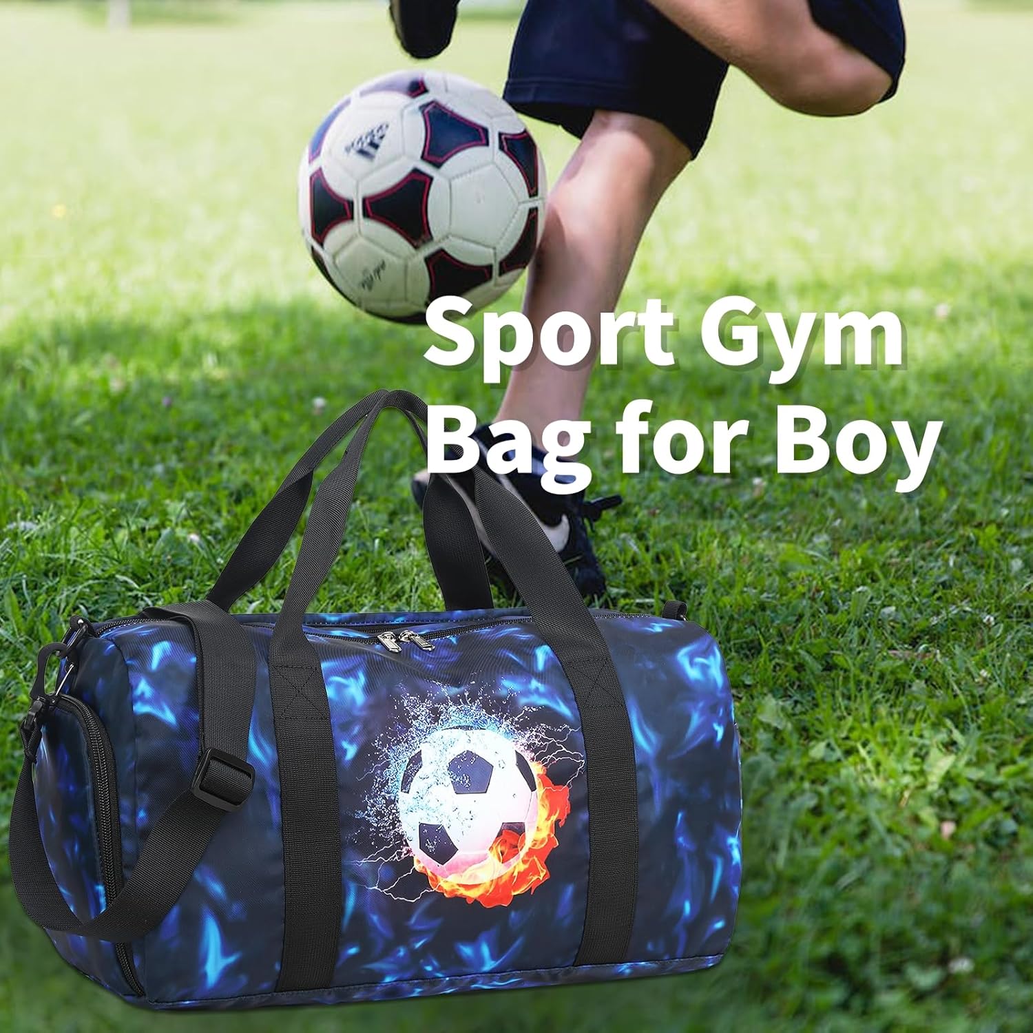 Kids Duffle Bag Boys Girls Overnight Travel Sport Gym Bag Weekender Carry On Shoulder Bag with Shoe Compartment & Wet Pocket (Soccer Black Blue) - Image 4