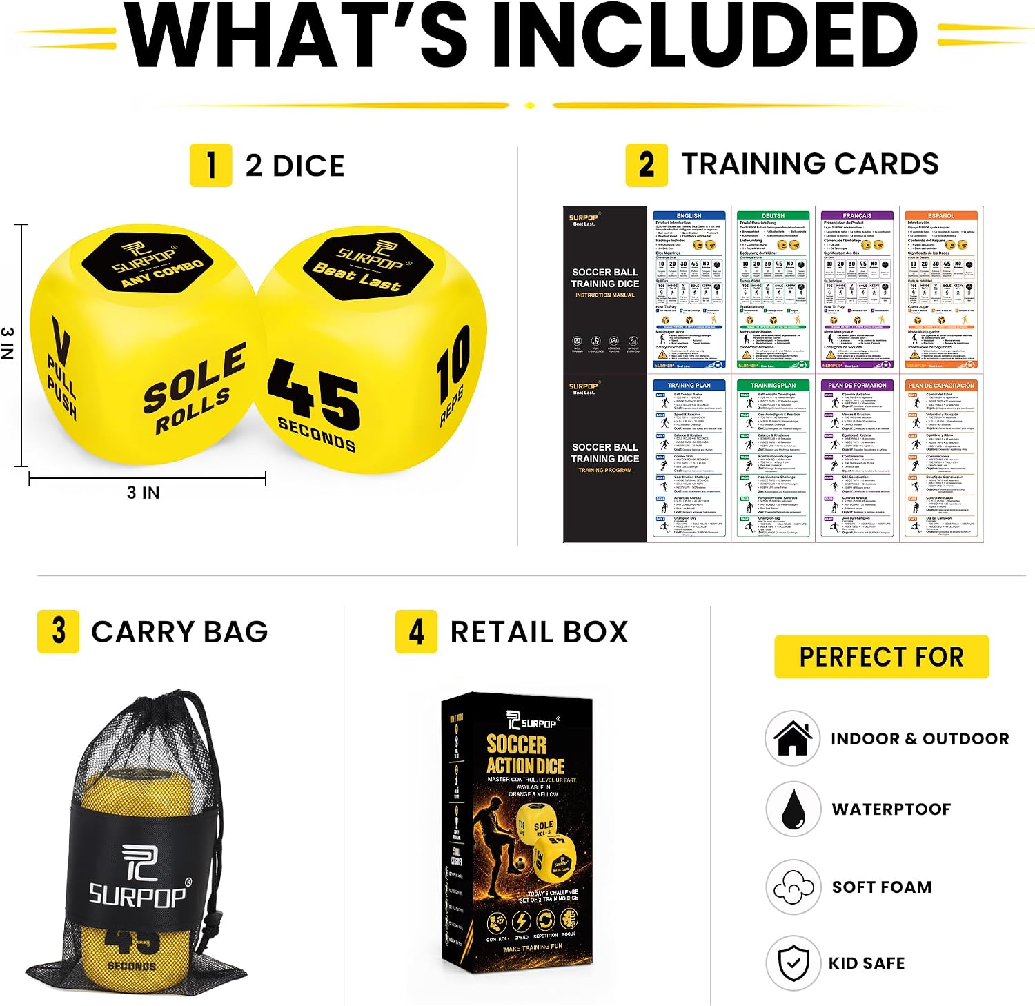 Surpop Soccer Training Dice for Kids 8-12, 2-Dice Ball Control Game, Yellow | Two soft 3-inch foam dice create 36 ball-control and footwork challenges for indoor or outdoor practice; mesh bag included - Image 6