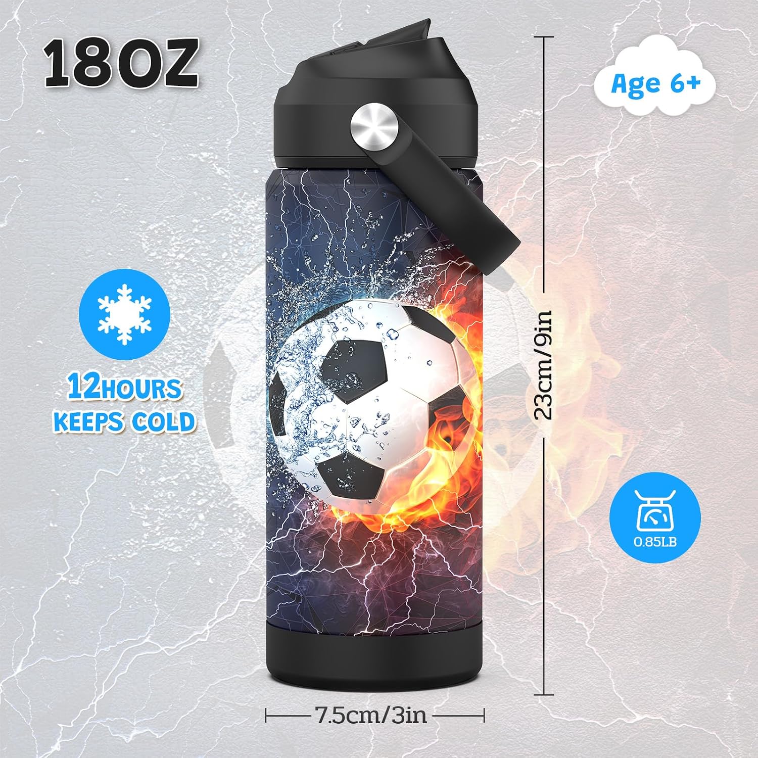 Boys Soccer Water Bottle for School,Kids 18 oz Insulated Stainless Steel Cup with Straw, Double-Wall Vacuum Leakproof - Image 2
