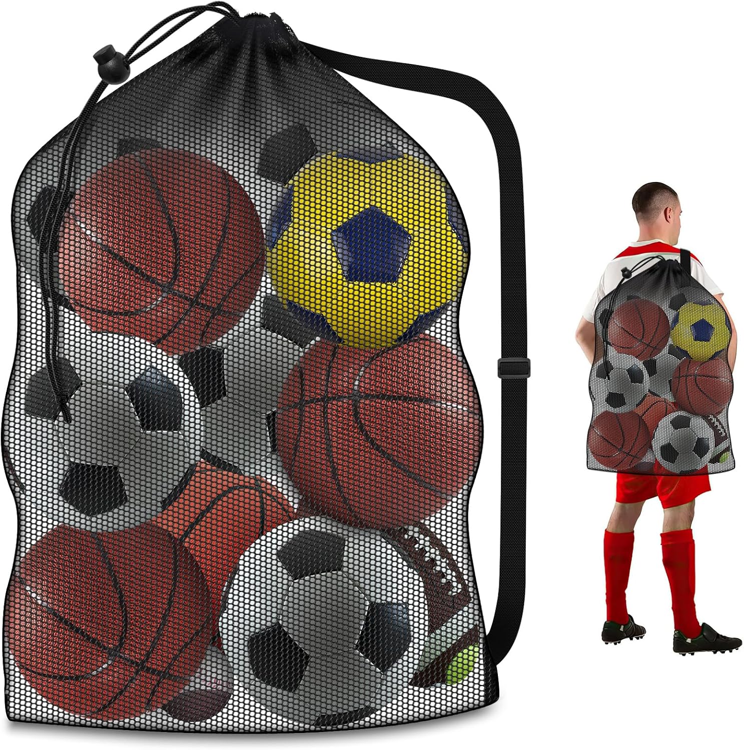 Extra Large Mesh Ball Bag, Heavy Duty 40"x30" Hold 10-12 Soccer Basketball | Drawstring & Adjustable Shoulder Strap, Breathable Sports Equipment Sack for Coaches, Team, Swimming Gear, Volleyball