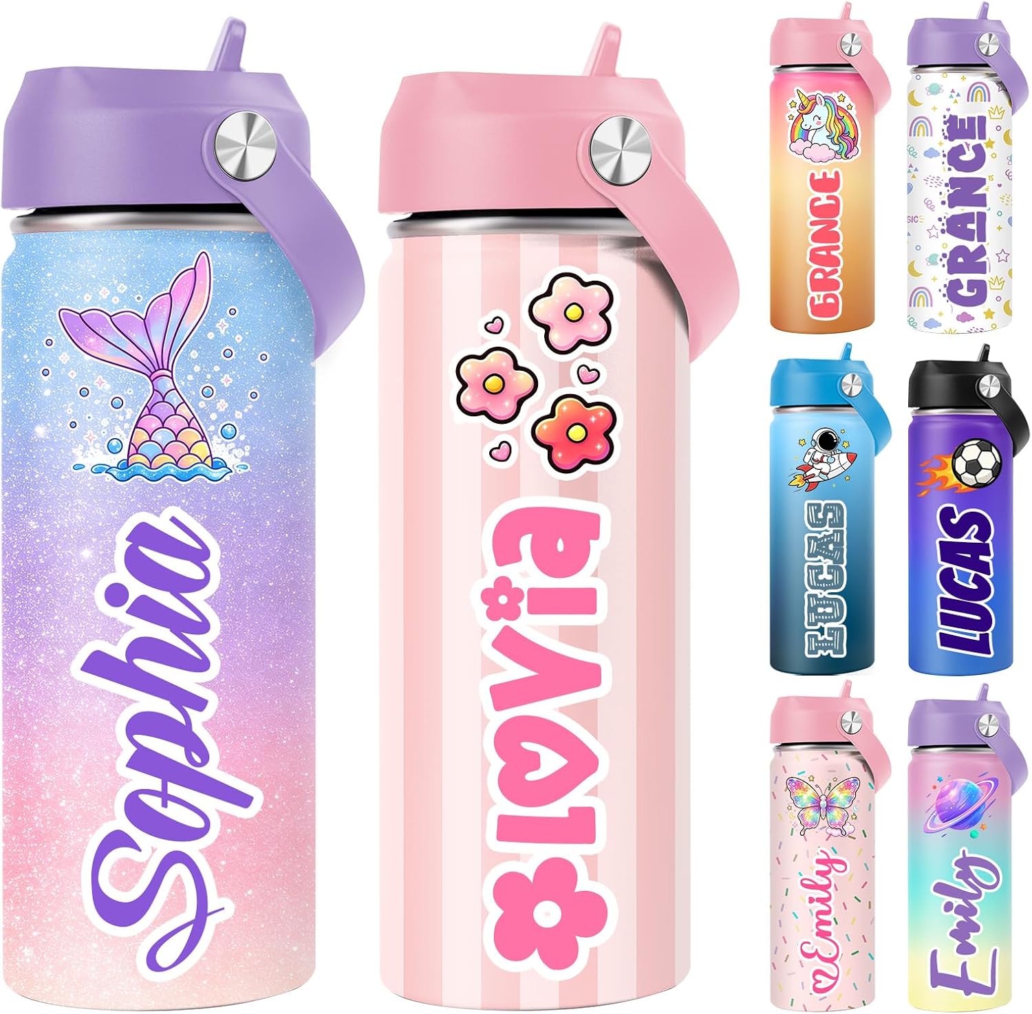 Personalized Kids Water Bottle with Name - UV Printed 18oz Stainless Steel | Straw Lid - BPA Free, Leak-Proof - Back to School, Preschool & Sports, Birthday & Holiday Gifts for Boys Girls