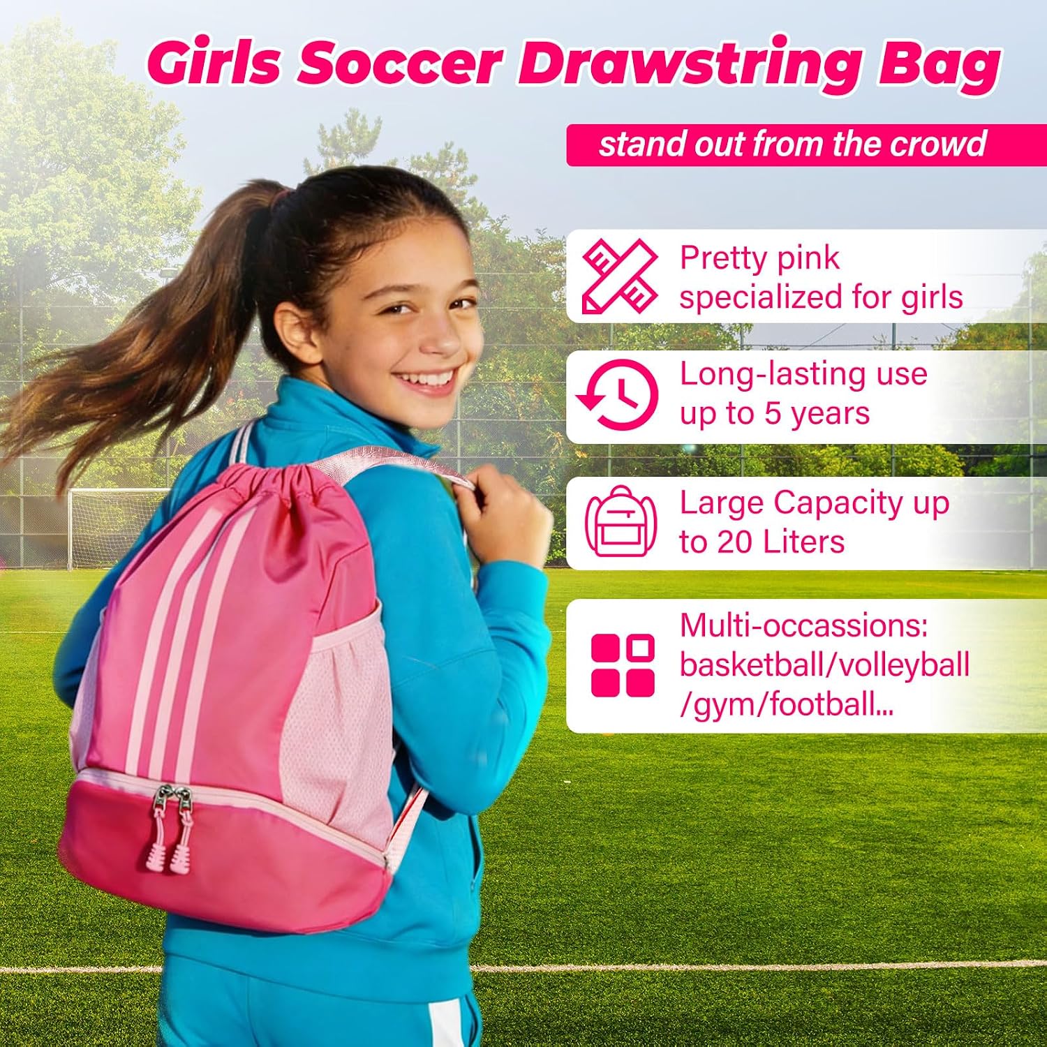 Soccer Bag, Youth Drawstring Backpack for Volleyball Basketball Sports | with 1 Shoes Compartment 1 Wet&Dry Pocket 2 Side Mesh Pockets 2 Zipper Pockets Bag for Gym Training Swimming Back to School - Image 4