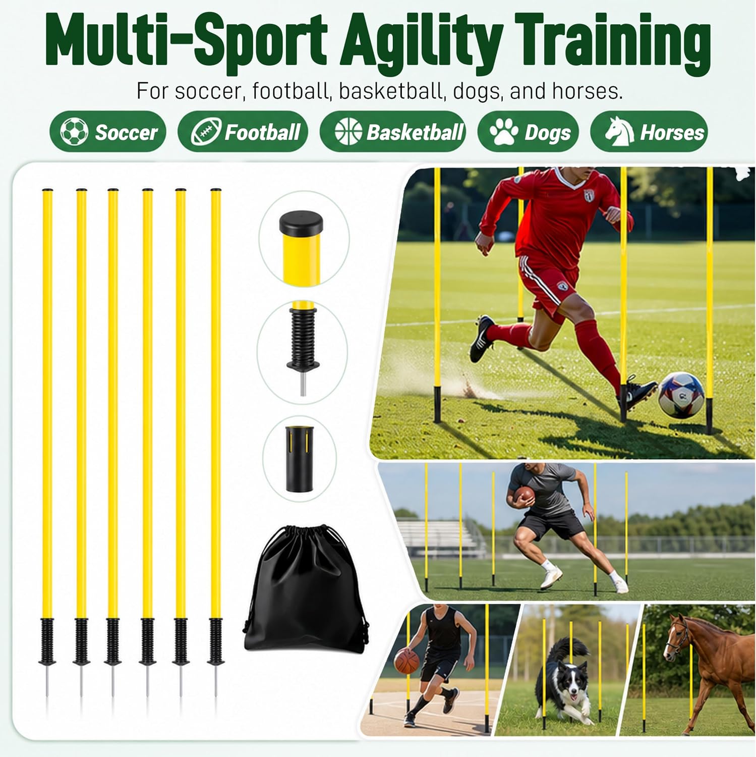 5 FT Adjustable Soccer Agility Poles with Steel Ground Spring Nails | Speed and Agility Training Equipment for Soccer, Football, Basketball, Dog and Horse Drills (6 Pack) (Yellow) - Image 7