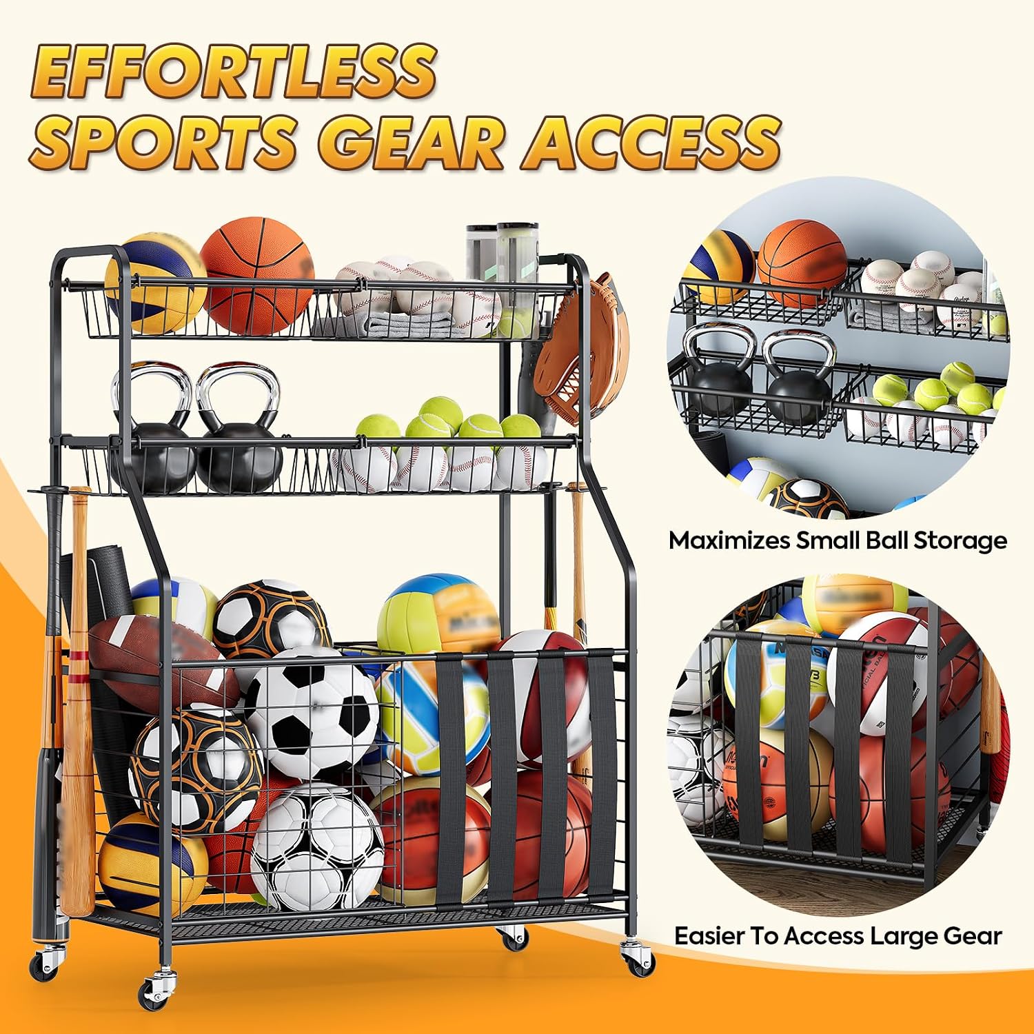 Sports Equipment Organizer, Rolling Garage Ball Storage Rack | Heavy-Duty Steel, Rolling Wheels, Storage Baskets, Side Hooks, Ball Storage, Sports Gear, Toys, Garage, Home Gym - Image 3