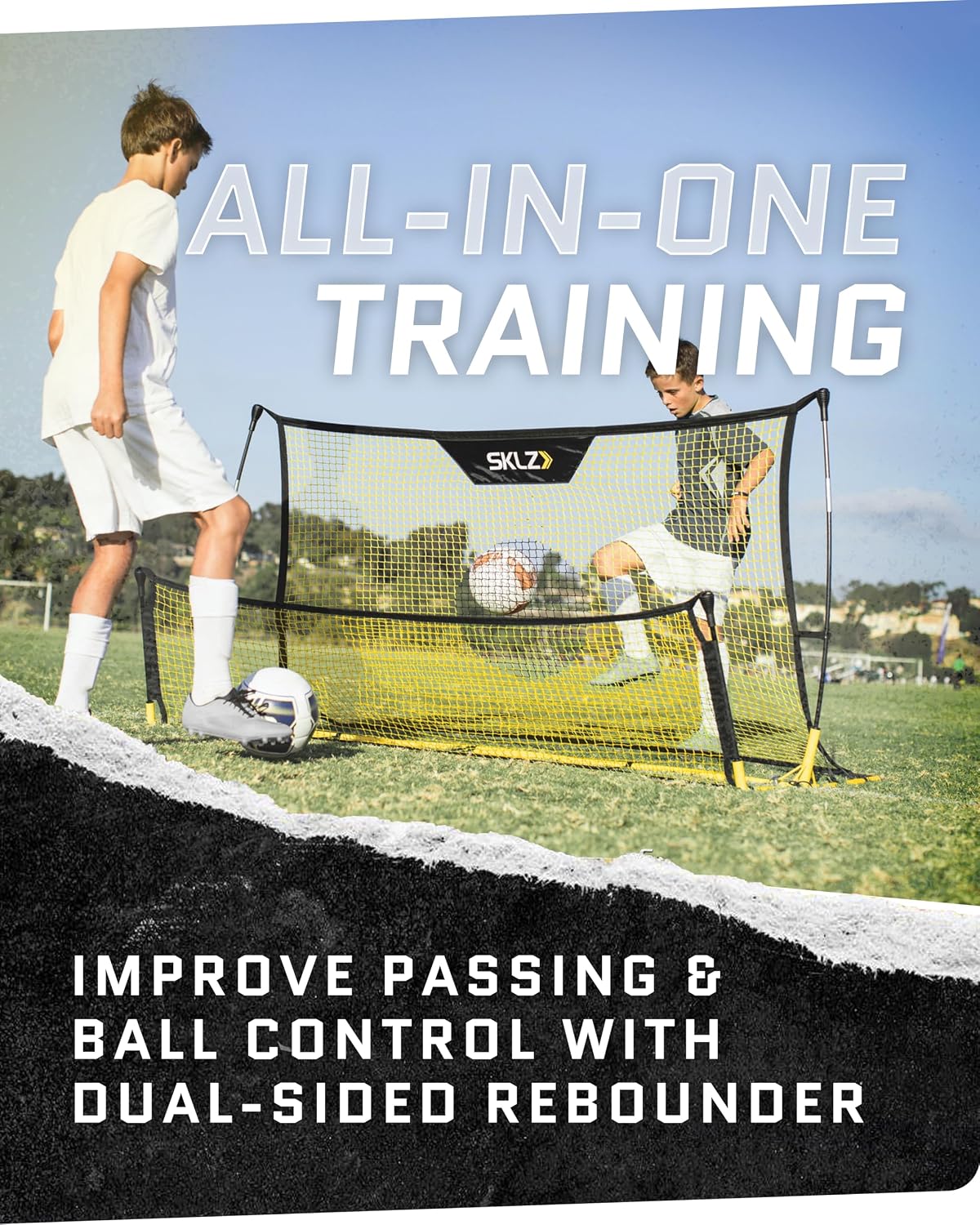 SKLZ Quickster Soccer Trainer - Dual-Sided Rebounder for Solo Passing, Receiving, Trapping Practice - Large & Small Rebound Net - Weather Resistant - Adjustable Frame, Metal Stakes & Carry Bag - Image 2