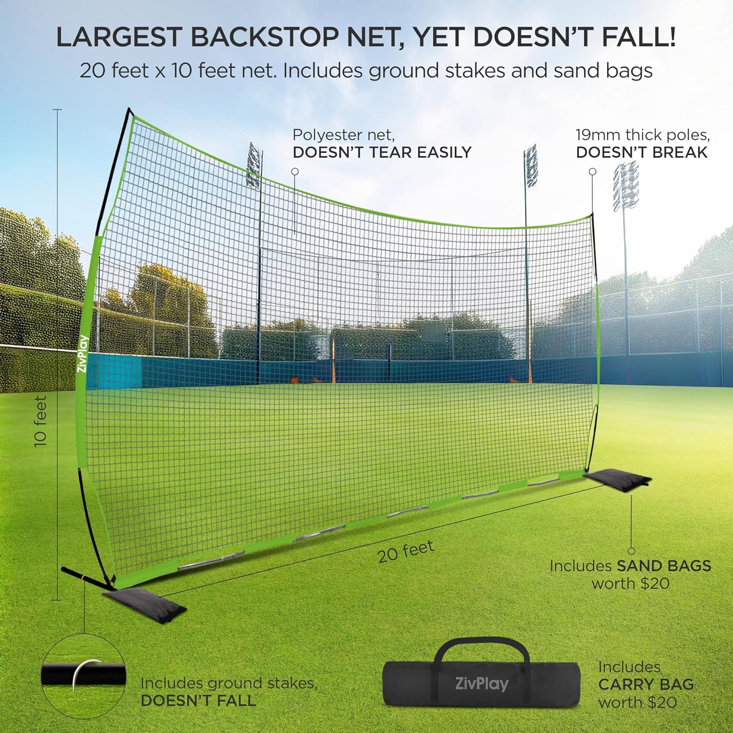 Lacrosse Backstop Net for Backyard Basketball Net Catcher Backstop Net | Portable Multisport Barricade Net Includes Carry Bag 2 Sand Bags 4 Ground Stakes Easy Setup - Image 2