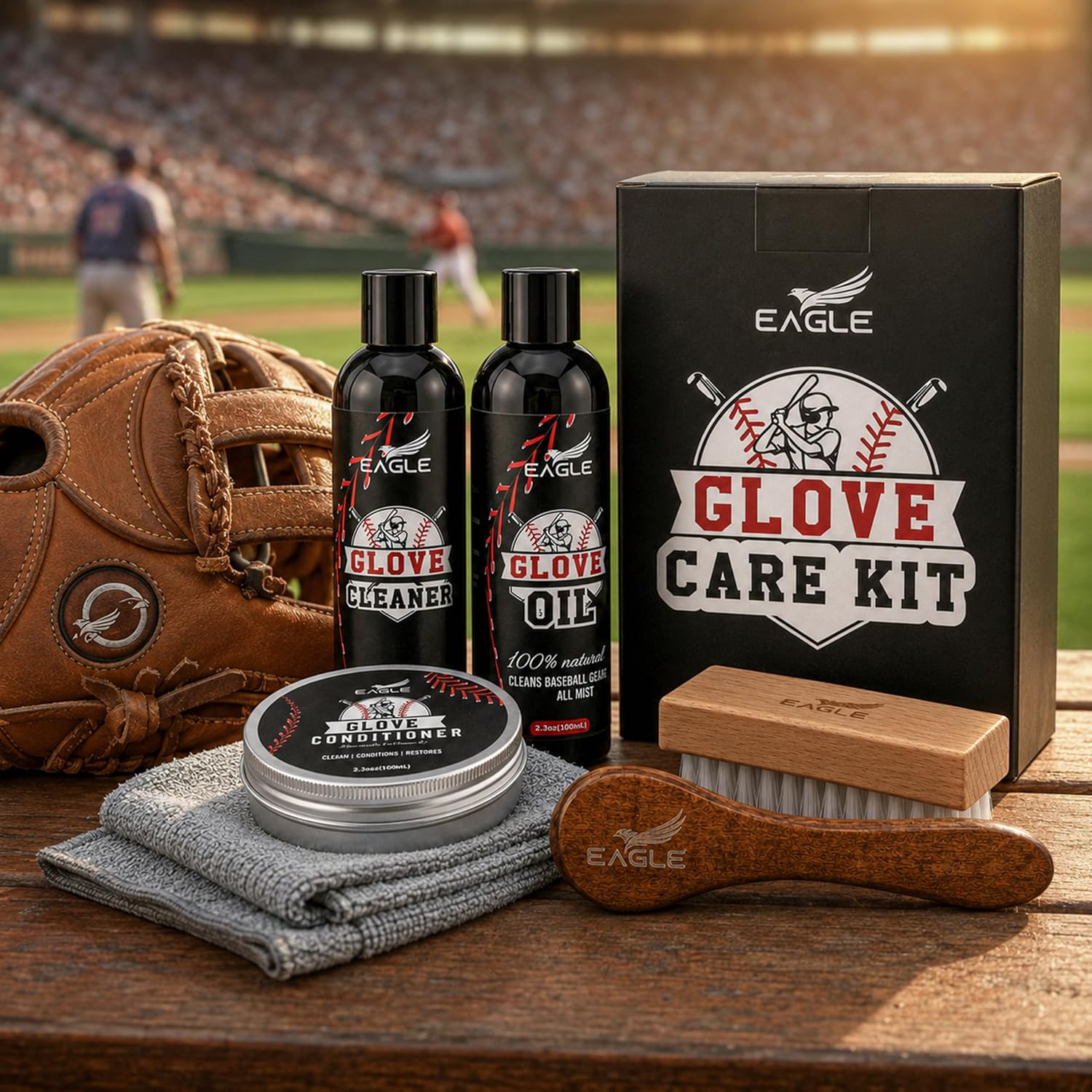 Eagle Baseball Glove Care Kit – Glove Cleaner (8oz), Oil (8oz), Conditioner (3.38oz), 2 Applicators & Cloth – Complete Leather Glove Maintenance Kit for Baseball, Softball, Catcher’s Mitts & More - Image 7