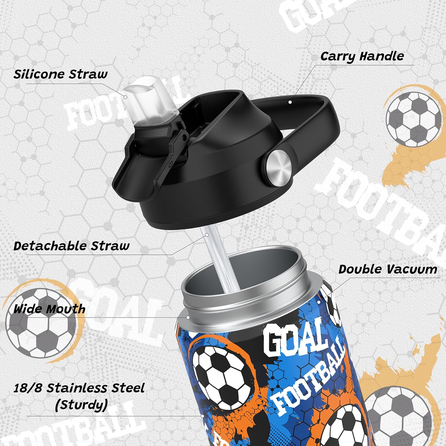 Boys Soccer Water Bottle for School,Kids 18 oz Insulated Stainless Steel Cup with Straw, Double-Wall Vacuum Leakproof - Image 4