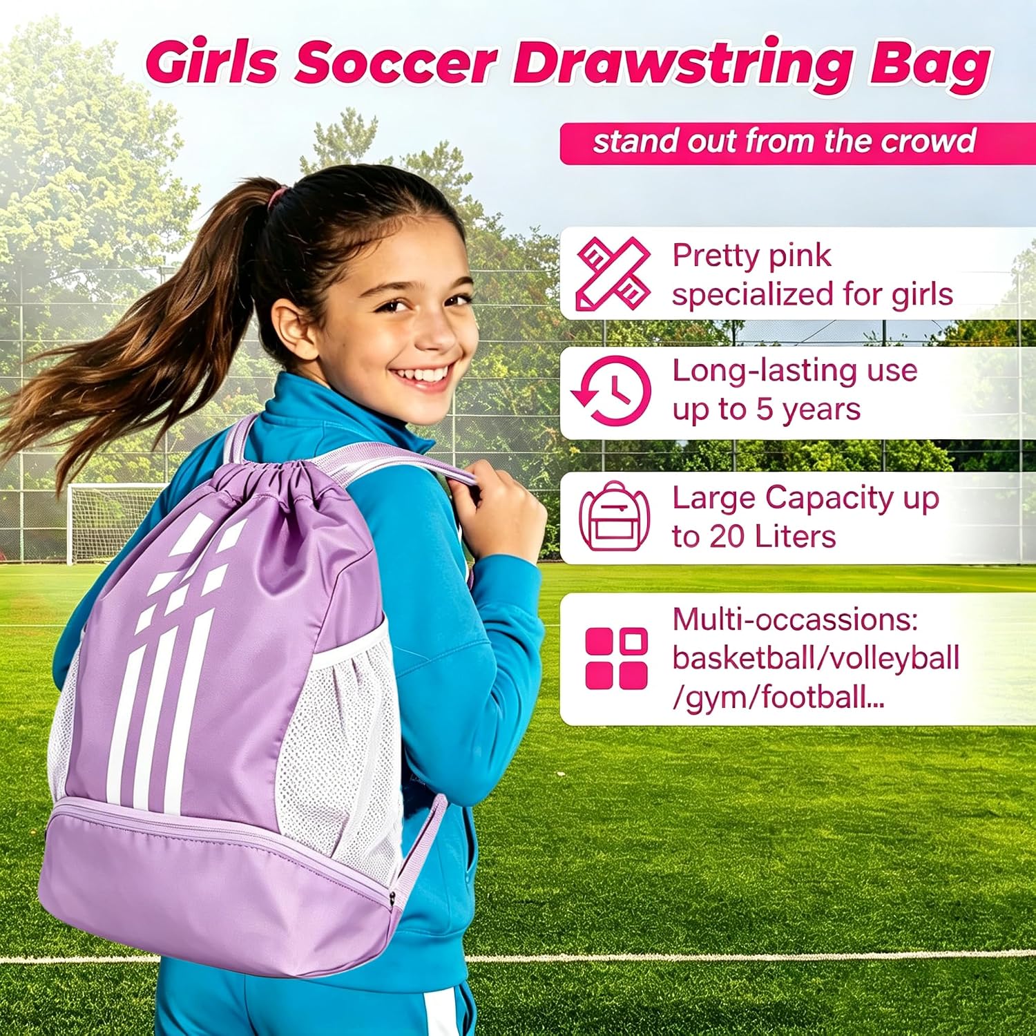 Soccer Bag, Youth Drawstring Backpack for Volleyball Basketball Sports | with 1 Shoes Compartment 1 Wet&Dry Pocket 2 Side Mesh Pockets 2 Zipper Pockets Bag for Gym Training Swimming Back to School - Image 4