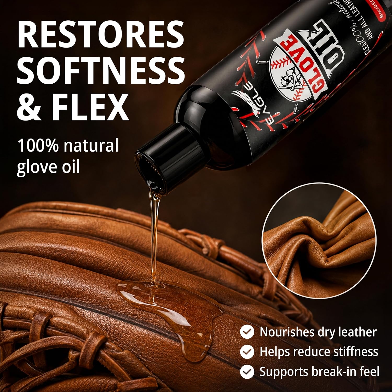 Eagle Baseball Glove Care Kit – Glove Cleaner (8oz), Oil (8oz), Conditioner (3.38oz), 2 Applicators & Cloth – Complete Leather Glove Maintenance Kit for Baseball, Softball, Catcher’s Mitts & More - Image 3