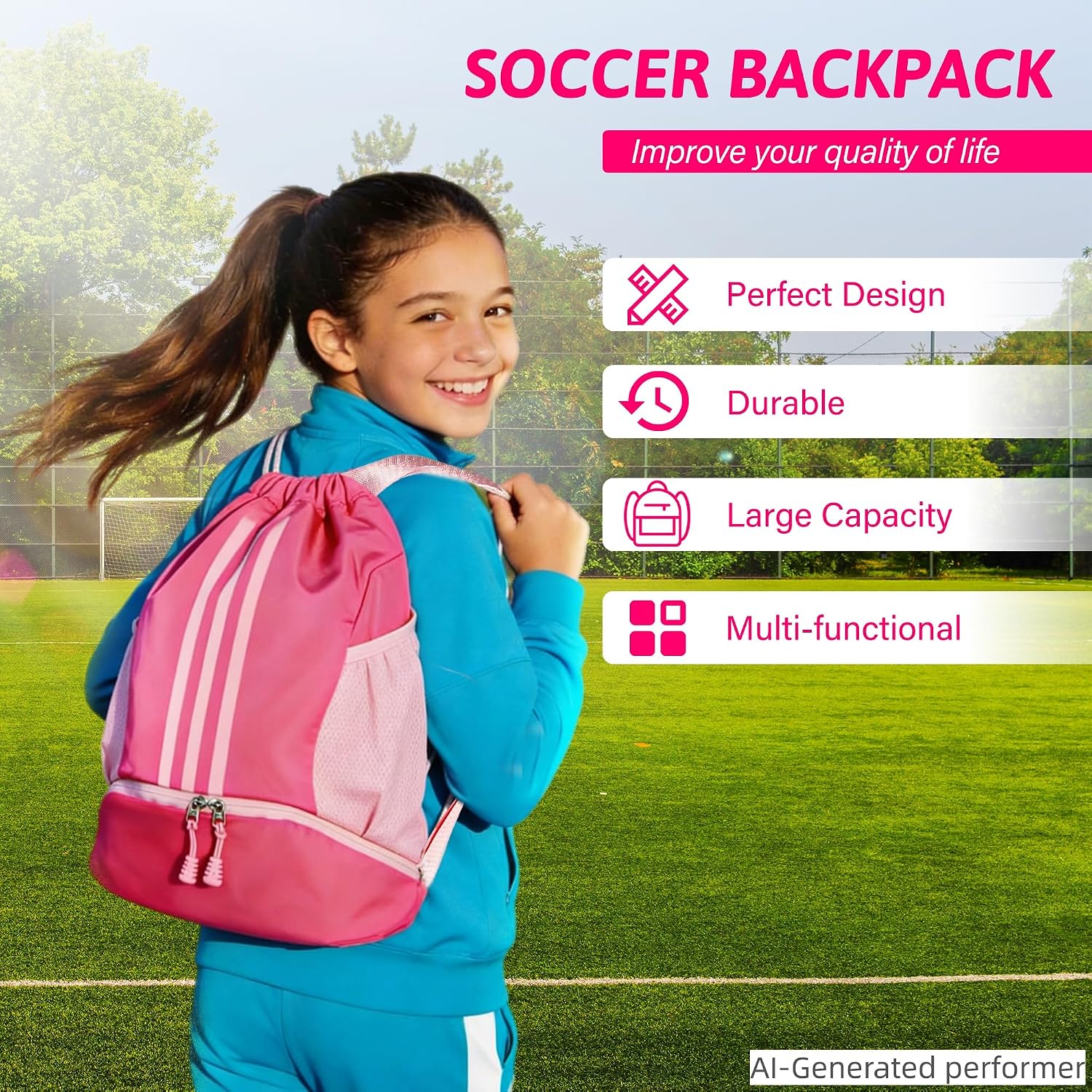 Soccer Bag and Footstep Training Mat Pink, Youth Soccer Basketball Bag with Compartments Drawstring Backpack Skills Training Mat Gifts Set - Image 2