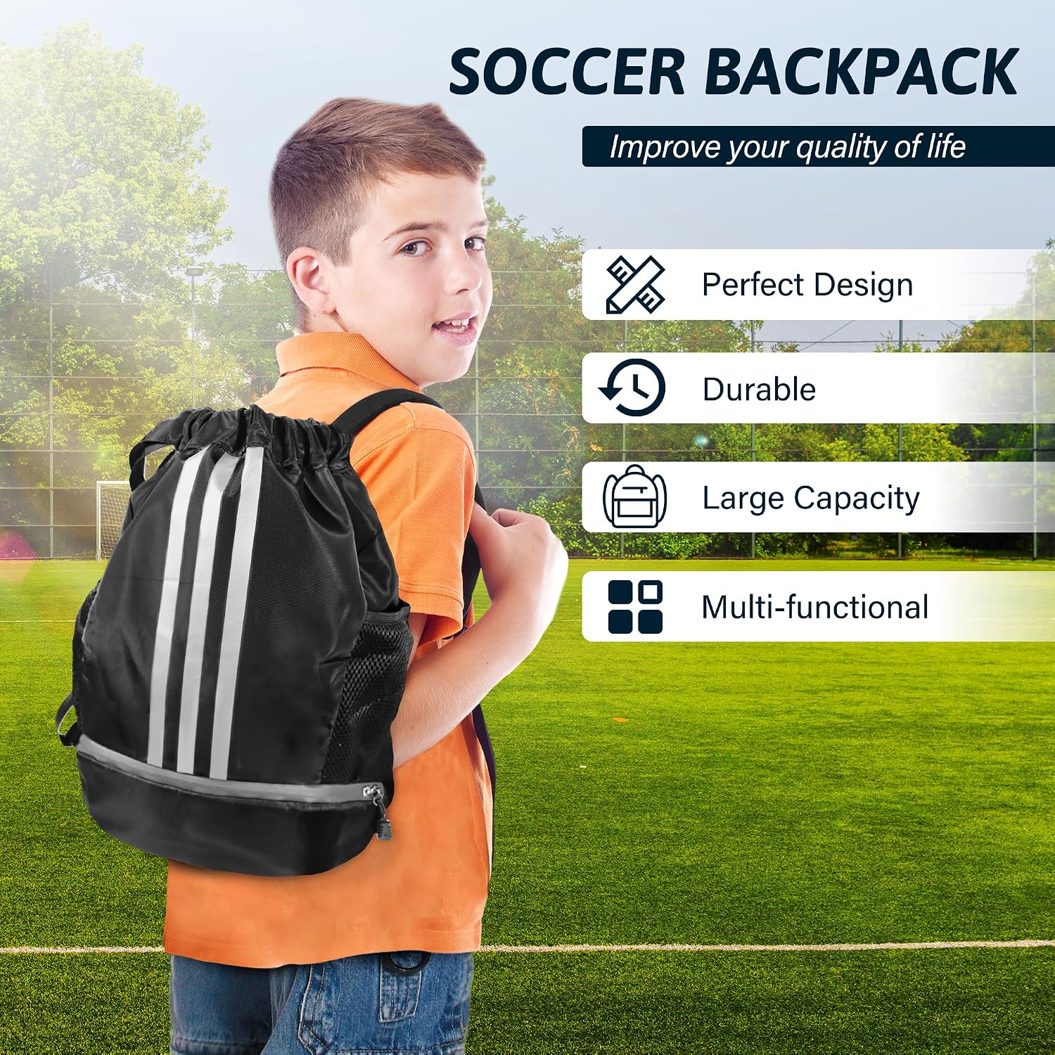 Soccer Bag, Youth Soccer Basketball Bag for Girls Boys with Compartments Drawstring Bag Backpack for Football Volleyball Gym Training - Image 5
