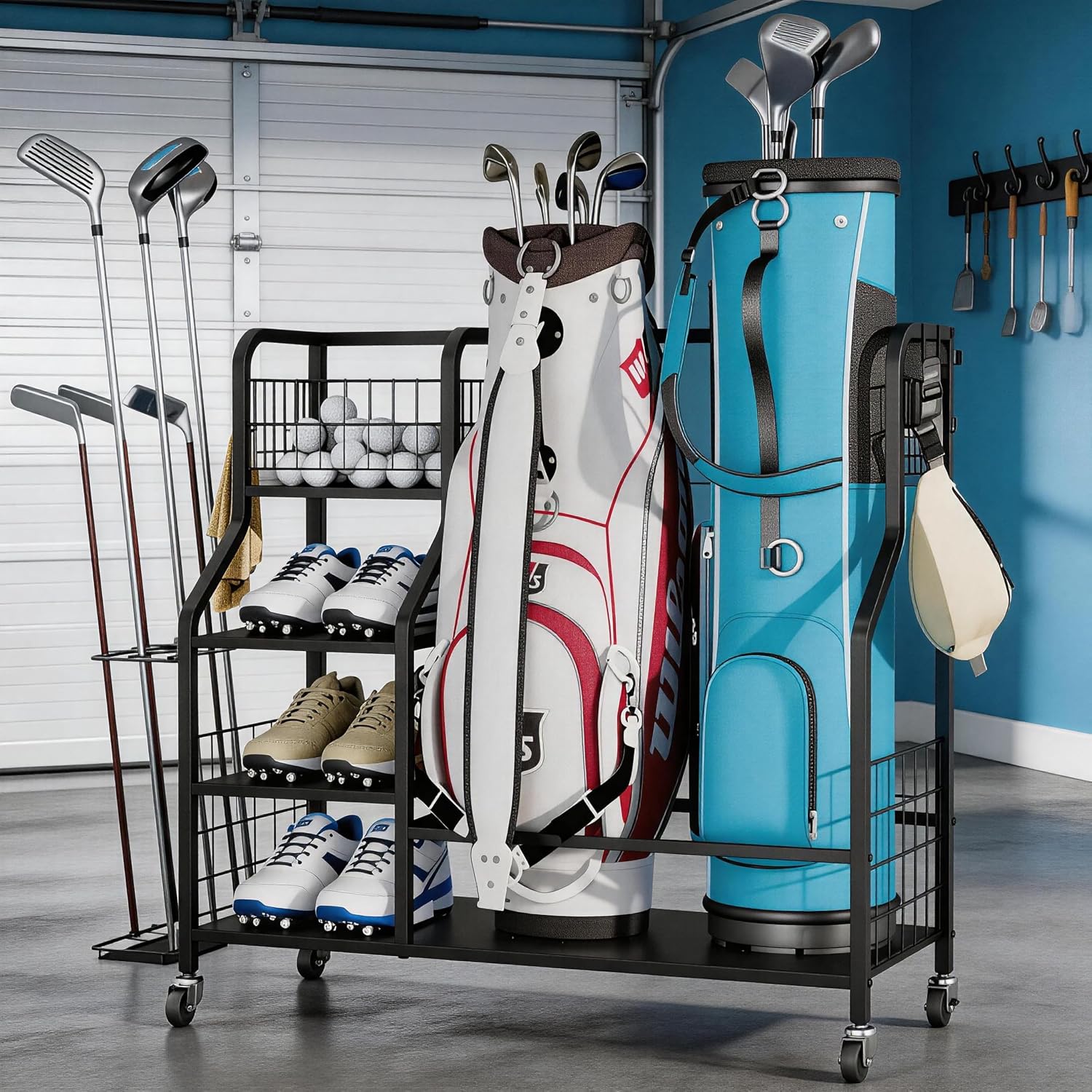 Golf Bag Storage Organizer, 2-Bag Garage Golf Rack | Heavy-Duty Steel, 2 Golf Bags, Golf Club Storage, Golf Shoes, Golf Balls, Storage Shelf, Side Hooks, Garage Organization - Image 2