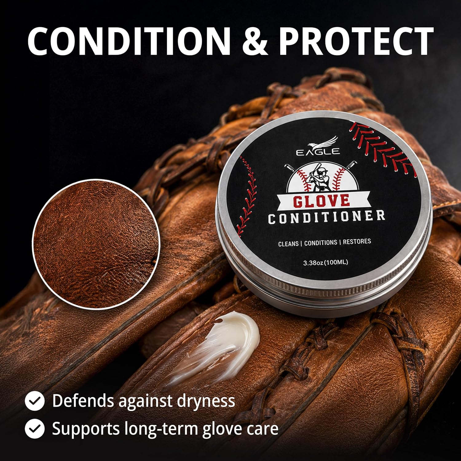 Eagle Baseball Glove Care Kit – Glove Cleaner (8oz), Oil (8oz), Conditioner (3.38oz), 2 Applicators & Cloth – Complete Leather Glove Maintenance Kit for Baseball, Softball, Catcher’s Mitts & More - Image 5