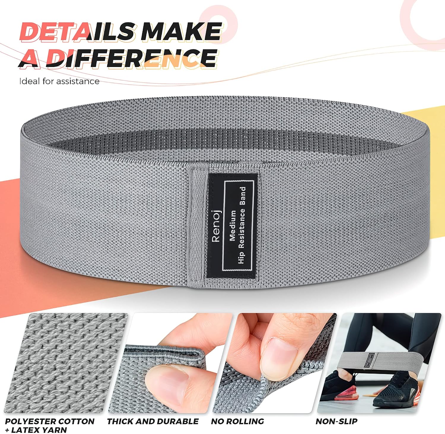 Renoj Resistance Bands for Working Out: 3-Set Professional Exercise Bands for Pilates, Yoga, Home Gym, Booty, Leg Training | Heavy/Medium/Light Fabric Loops for Women Men - Image 6