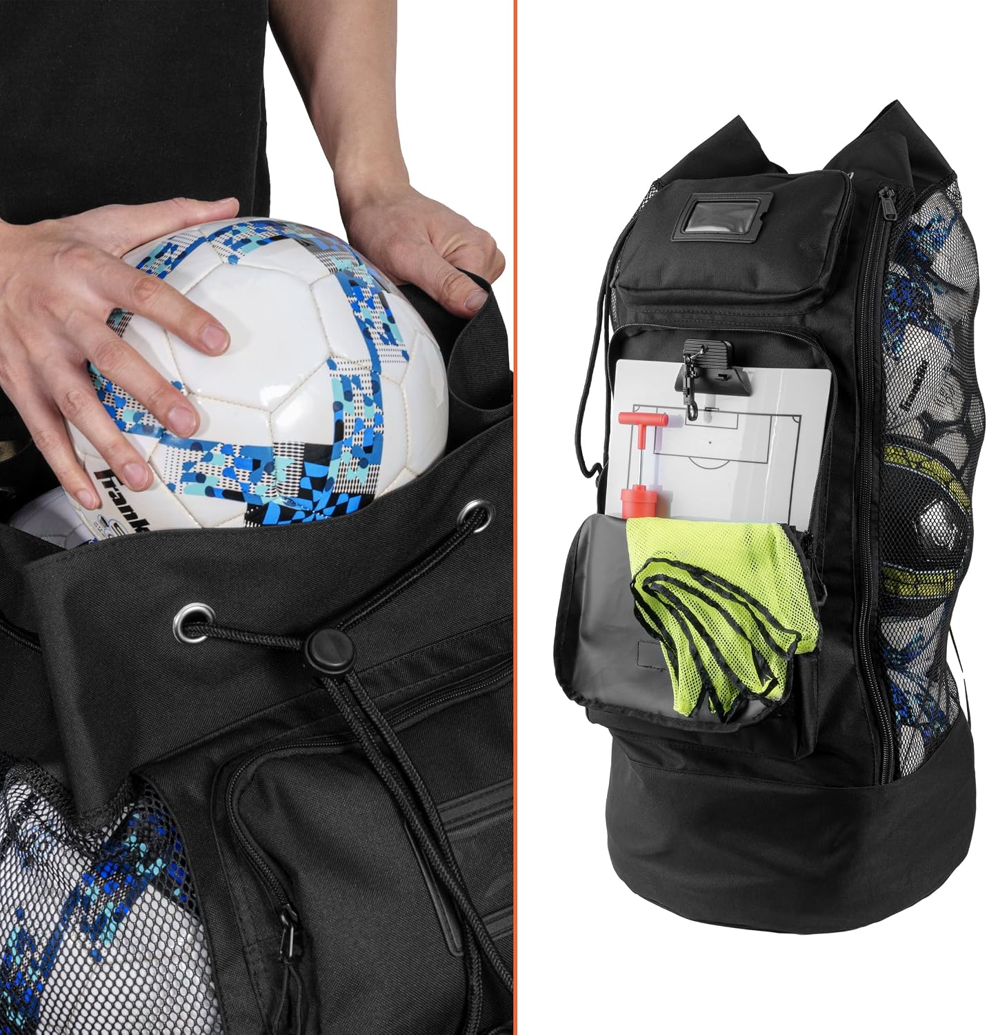 XL Mesh Ball Bag with Backpack Straps & 2 Zippered Front Pockets | Heavy Duty Ball Storage for Coaches, Holds 13+ Soccer Balls with Backpack Carry for Team Sports, Practice & Training Gear - Image 3