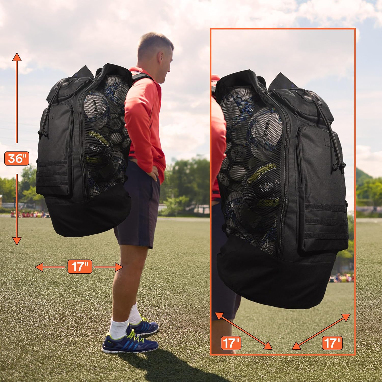 XL Mesh Ball Bag with Backpack Straps & 2 Zippered Front Pockets | Heavy Duty Ball Storage for Coaches, Holds 13+ Soccer Balls with Backpack Carry for Team Sports, Practice & Training Gear - Image 2