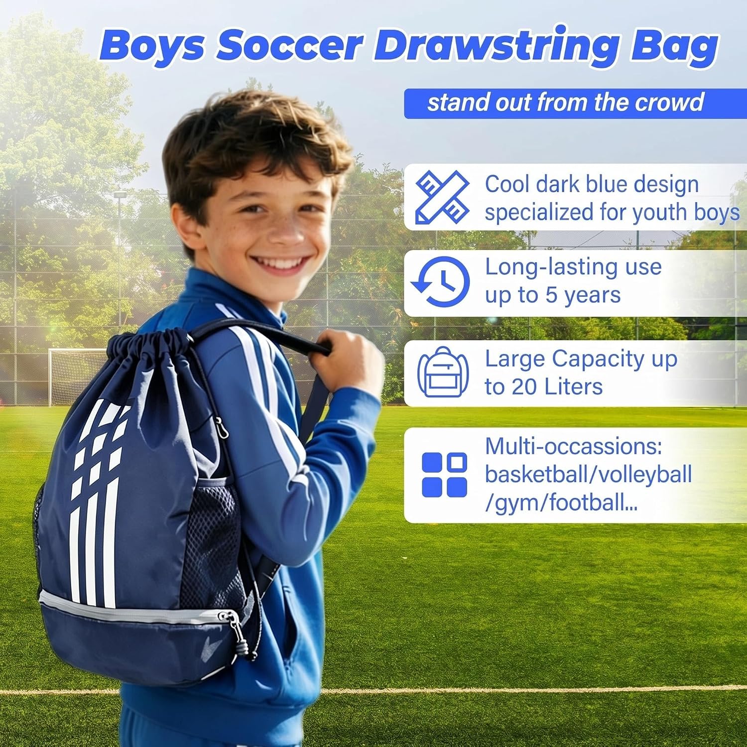 Soccer Bag, Youth Drawstring Backpack for Volleyball Basketball Sports | with 1 Shoes Compartment 1 Wet&Dry Pocket 2 Side Mesh Pockets 2 Zipper Pockets Bag for Gym Training Swimming Back to School - Image 2